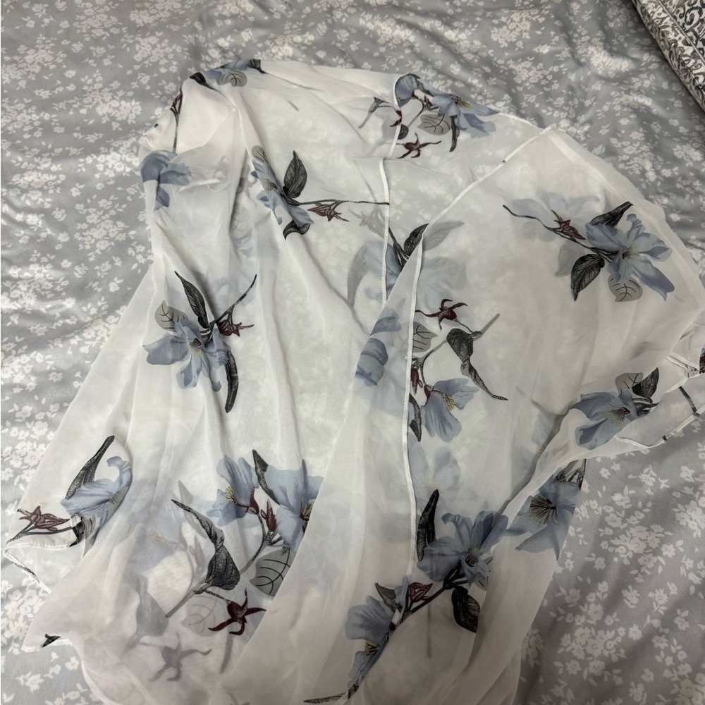 SHEIN Floral Sheer Swim Coverup - White and Blue